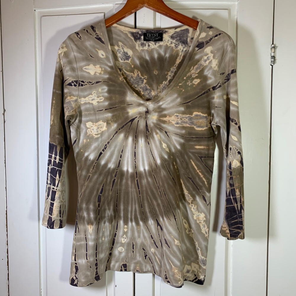 Tryst by Mathew Womens V-Neck Tie Dye 3/4 Sleeve Cotton Top Sage Brown Large